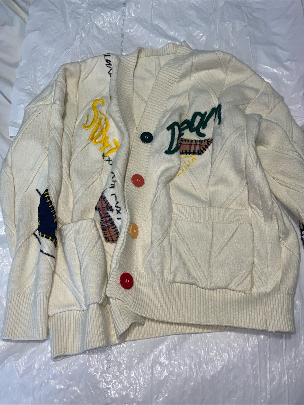 Cream Knit Cardigan with Colorful Embroidered Details